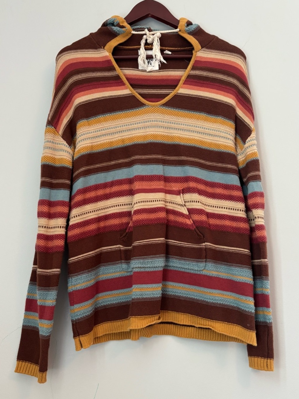 Cotton & Rye Medium Striped Boho Country Brown, Hoodie, Front Pocket, Scoop Neck